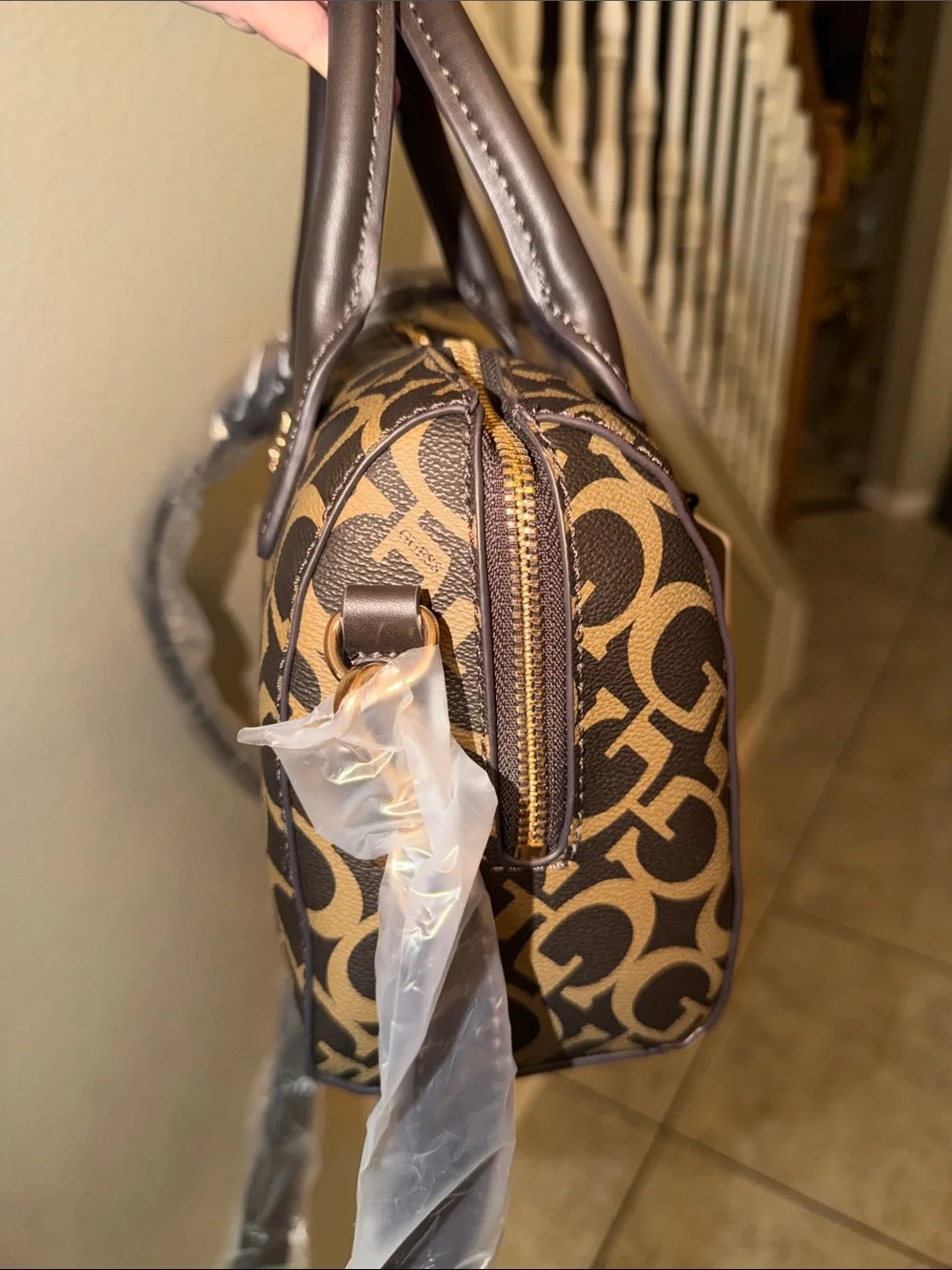 NWT GUESS Brown Logo-Print Satchel with Dark Brown Trim